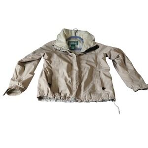 LL Bean Womens Gore Tex Primaloft Insulated Jacket Tan Khaki Hooded Size M‎ Pet